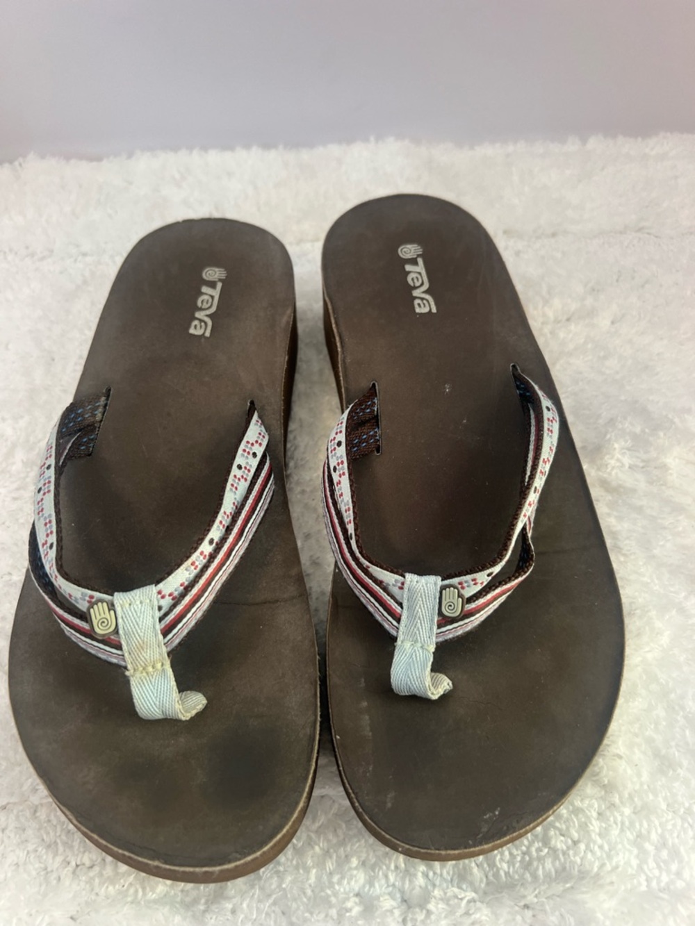 Teva Brown Footbed Women's Sandals with White and Red Straps